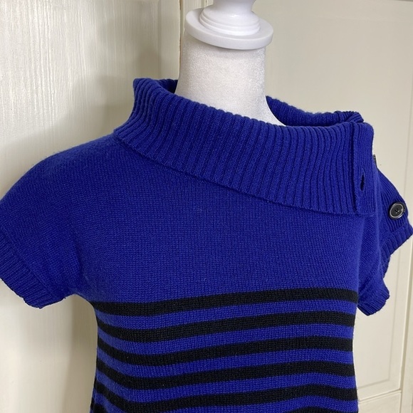 Theory Womens Christobal Cashmere Striped Blue Mock Neck Ribbed Trim Sweater Top - Picture 2 of 11
